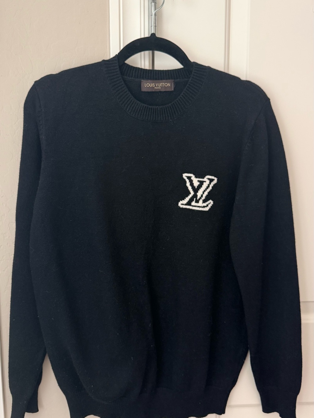 Louis Vuitton Black Crewneck Sweater with White LV Logo Patch